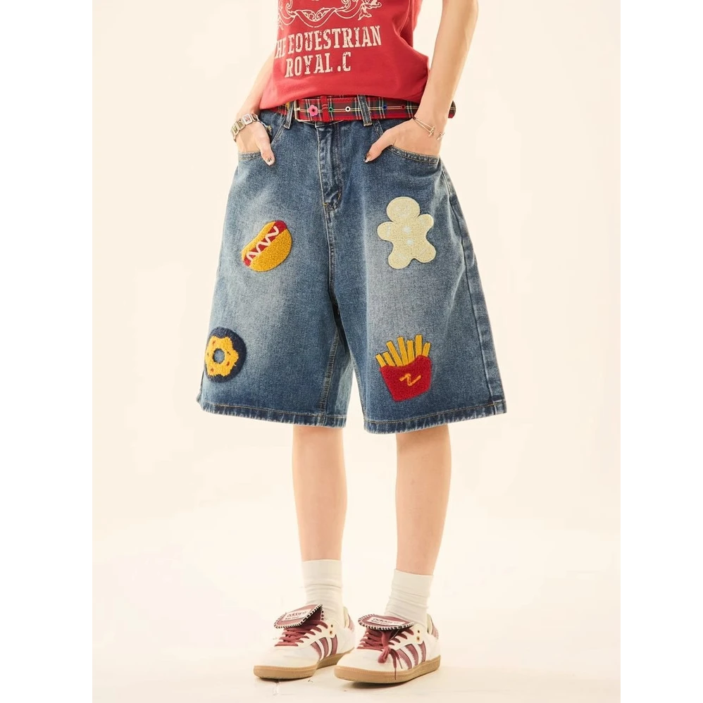 oversize美式复古「汉堡薯条毛巾绣」牛仔短裤男女情侣夏季五分裤子