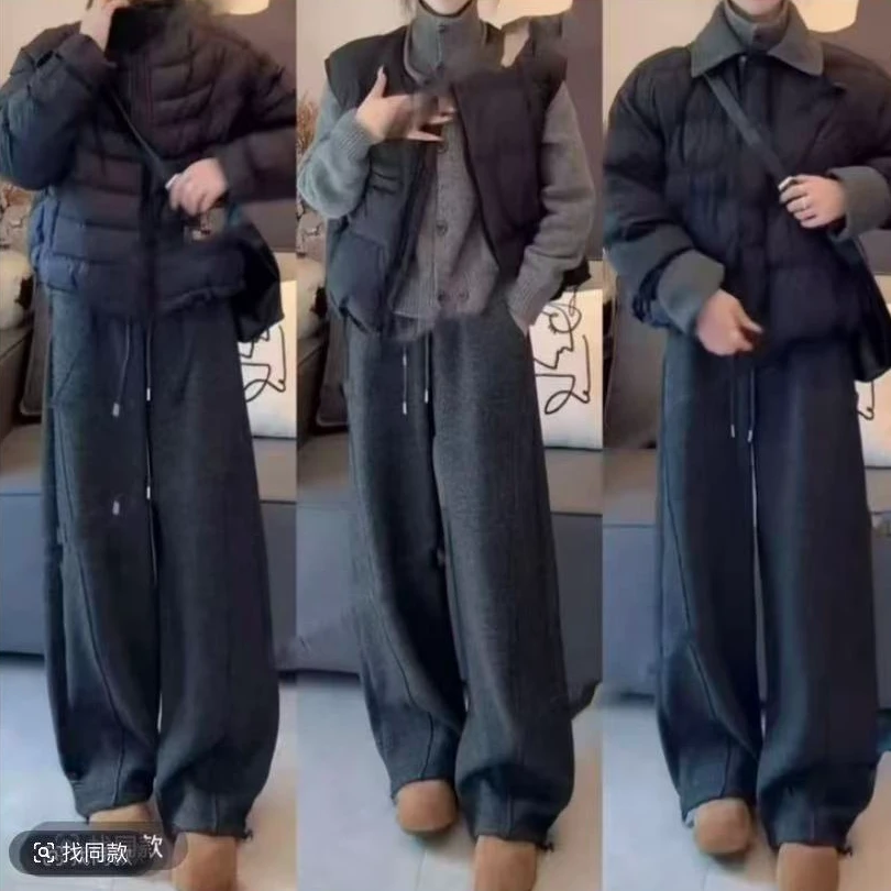 加绒羊毛呢阔腿裤女2025秋冬季新款休闲加厚慵懒香蕉卫裤子