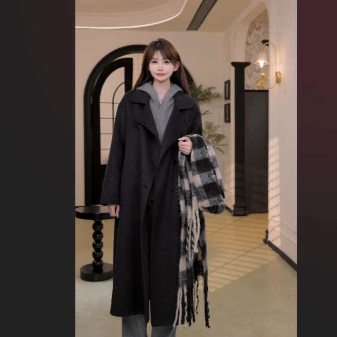 韩版宽松慵懒显瘦遮肉气质绵羊毛冬季百搭时尚中长款大衣女秋冬