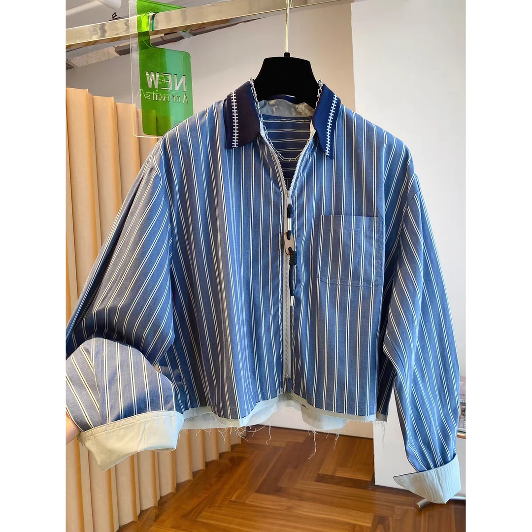 韩系翻领撞色竖条纹拉链拼接衬衣外套女2025秋季新款休闲宽松上衣