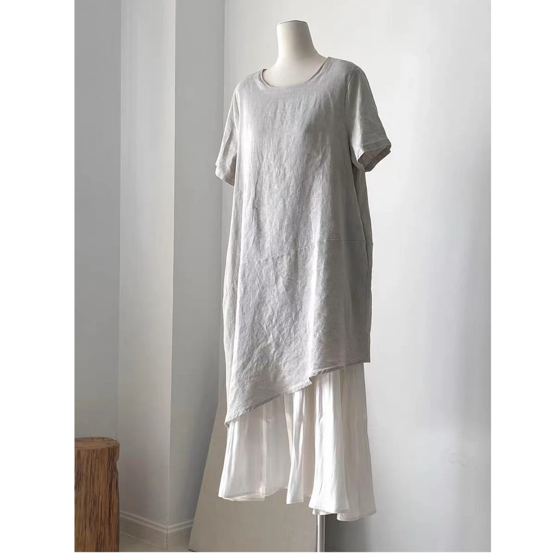 【见素】重磅100%亚麻大版连衣裙夏季设计感网纱拼接休闲长裙