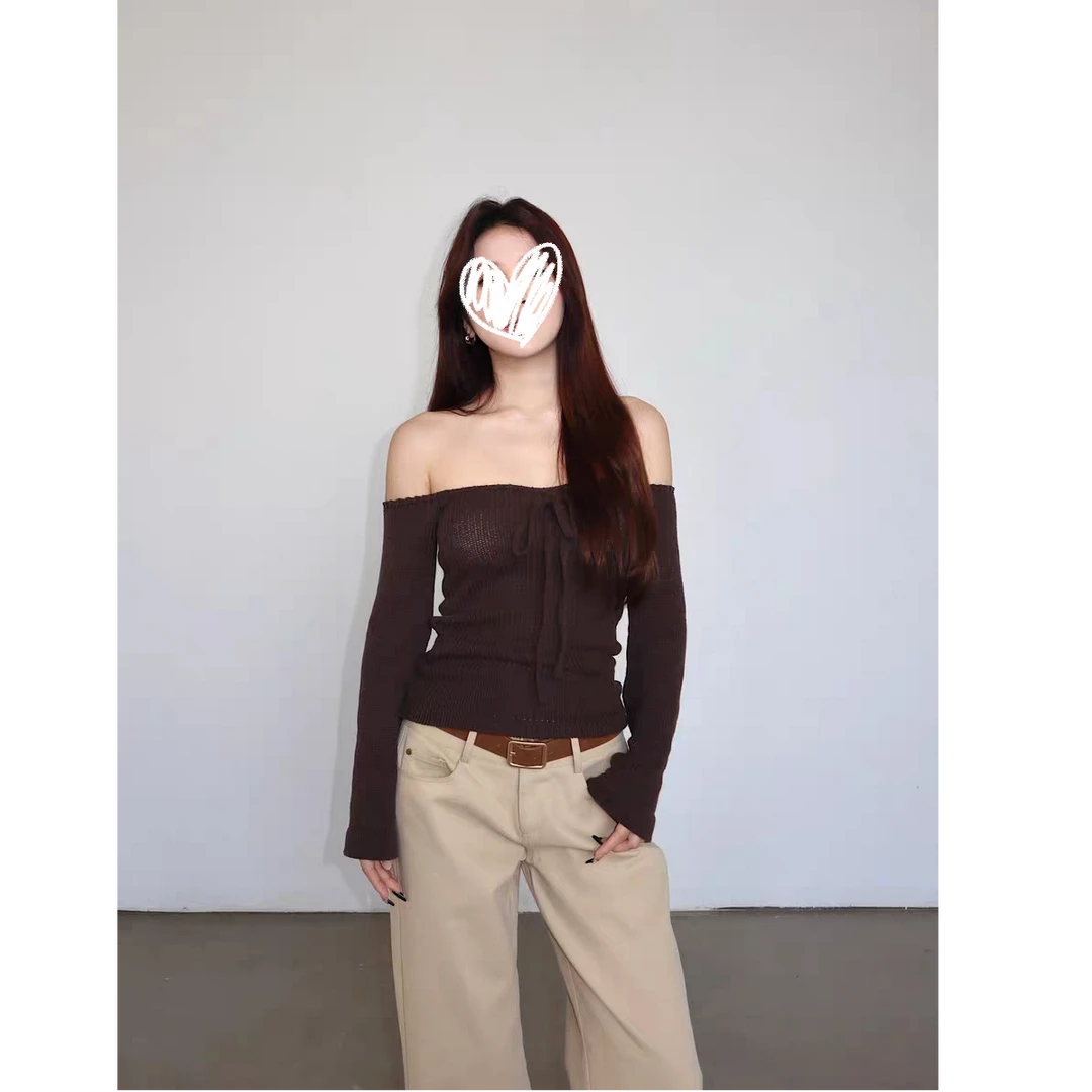 2025年秋款毛织编织一字肩方领‘两穿’中袖复古毛衣#Y8527显瘦气质