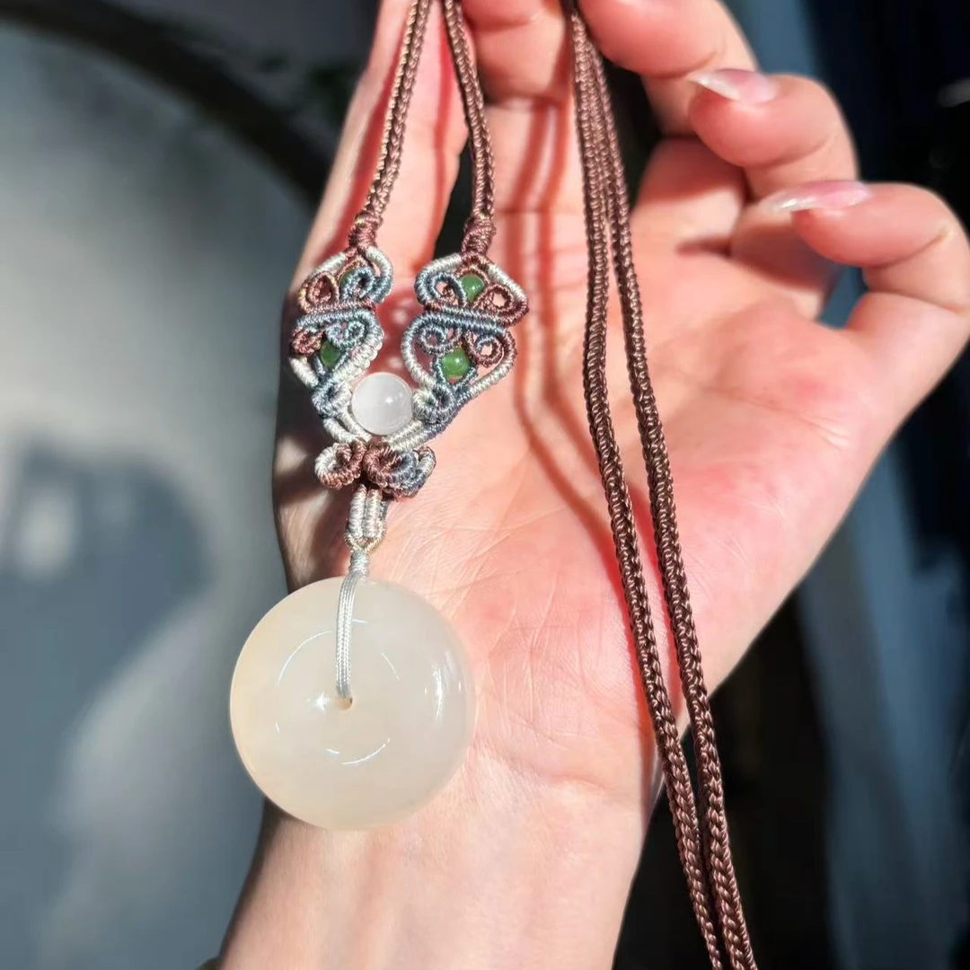 【壹芳珠宝】天然原矿和田玉藕粉平安扣国风手工编绳吊坠30*12