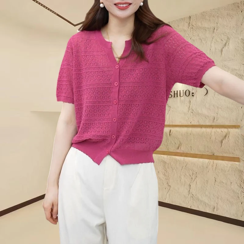 【夏日情书】洋气镂空短袖女款爆款2025新款独特漂亮小衫针织上衣女