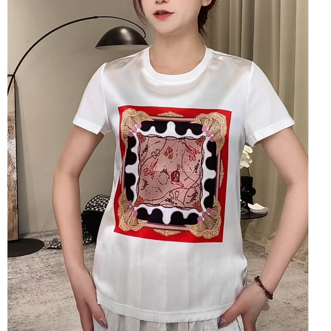 【燕子在南油】衣长60时尚休闲真丝几何印花拼接棉圆领短袖T桖3874