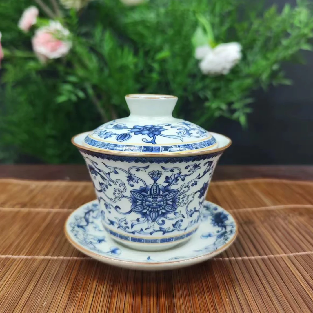 【黄汝窑-云彩缠枝莲荷盖碗】功夫茶具A10438