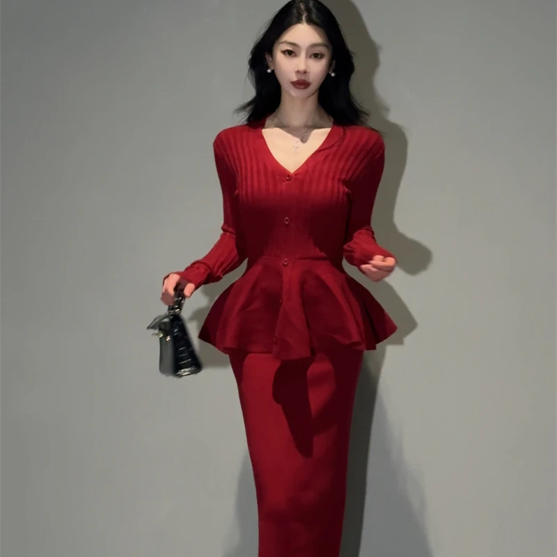 法式收腰裙摆荷叶摆上衣秋冬针织衫中长款半身裙毛衣套装两件套女