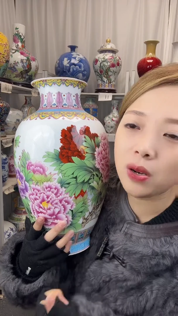 摆件陶瓷景德镇金青霞老师手工牡丹贵妃花瓶带证书送底座