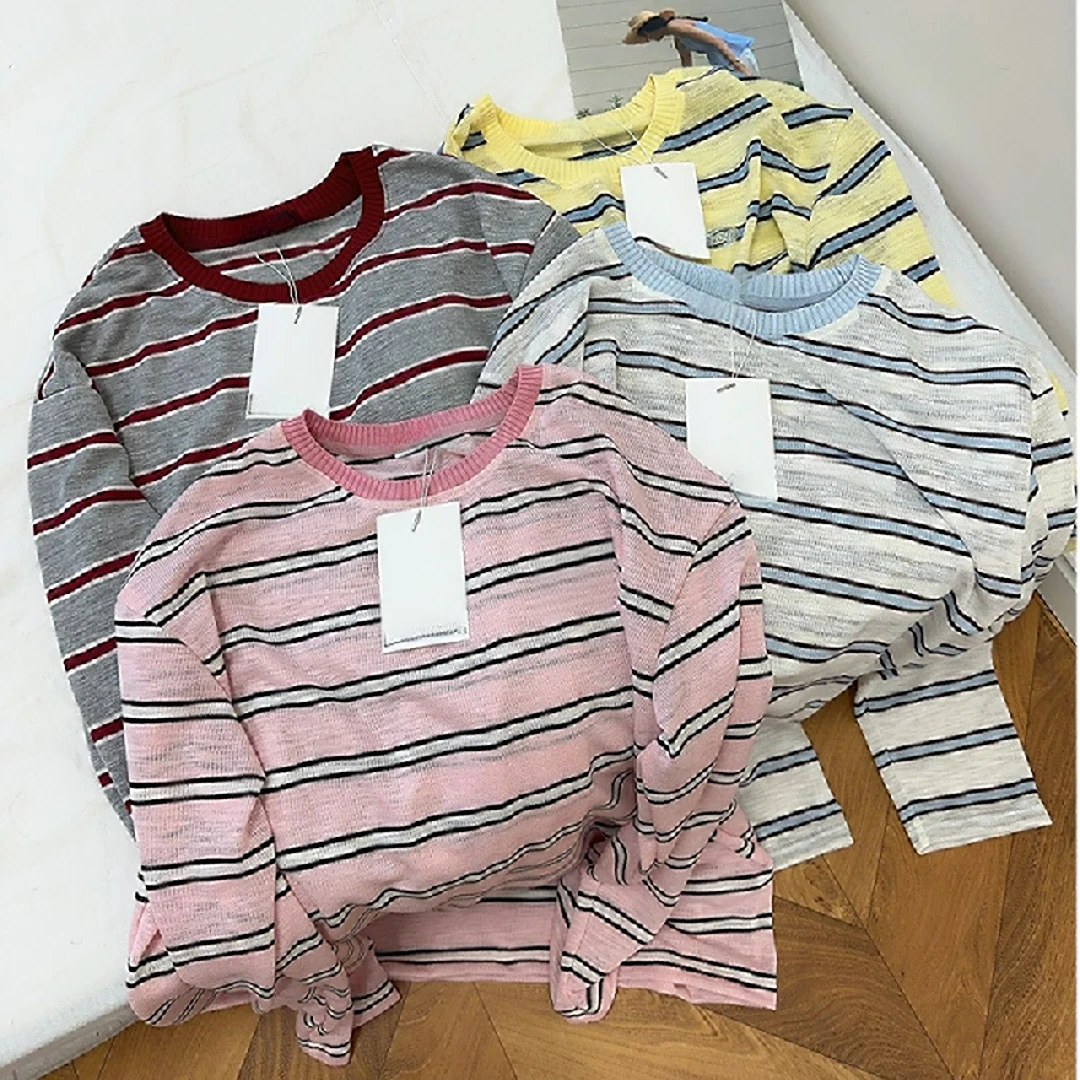 小雅姐姐 春夏彩条长袖休闲防晒T恤衫IQ97