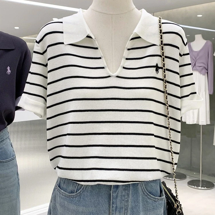 简约撞色小V领短袖针织衫女夏季新薄款百搭显瘦休闲洋气减龄上衣