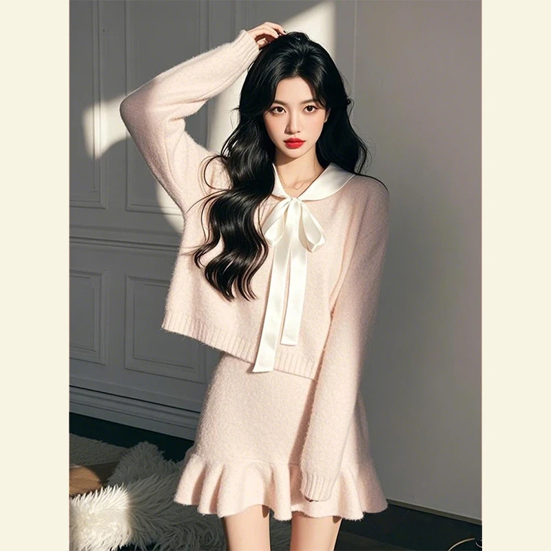 4355春季穿搭欧若风粉色甜美毛衣加短裙减龄搭配气质小香风套装
