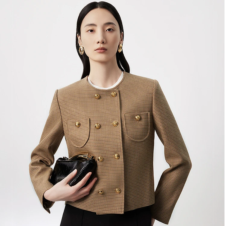 【雅丹风】LANCY/朗姿2024春季新款直筒格纹短外套女高端小香风上衣