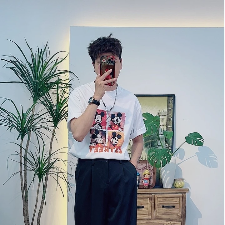 型男帮夏季重磅棉微阔米老鼠直喷印花休闲T恤B734