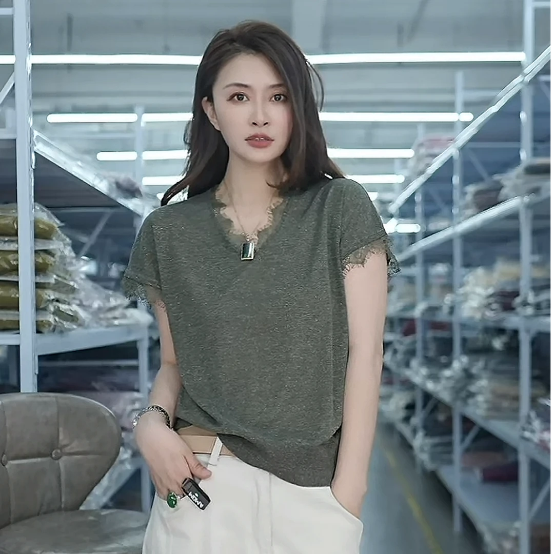 【例畔精选】2025新款法式拼接蕾丝边v领小飞袖针织衫A040#