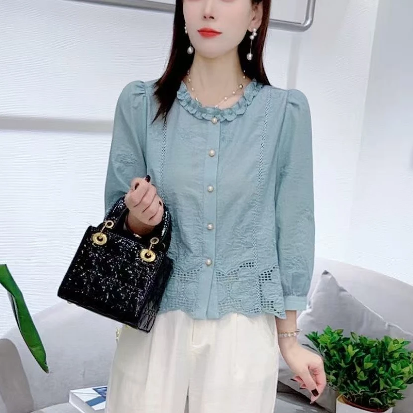 100%纯棉法式圆领衬衫女2025早秋新款显瘦减龄宽松遮肚百搭上衣潮