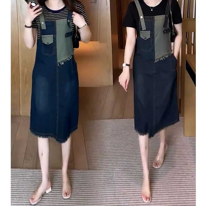 假两件牛仔连衣裙女2025夏季新款洋气宽松显瘦中长款工装背带裙潮