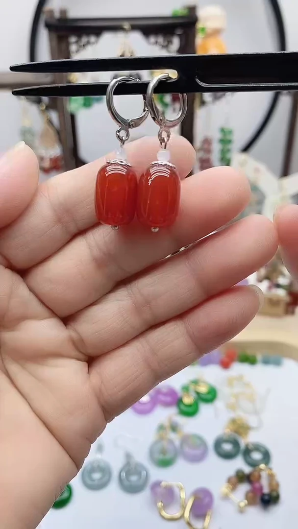 银S925镶嵌南红玛瑙耳饰176