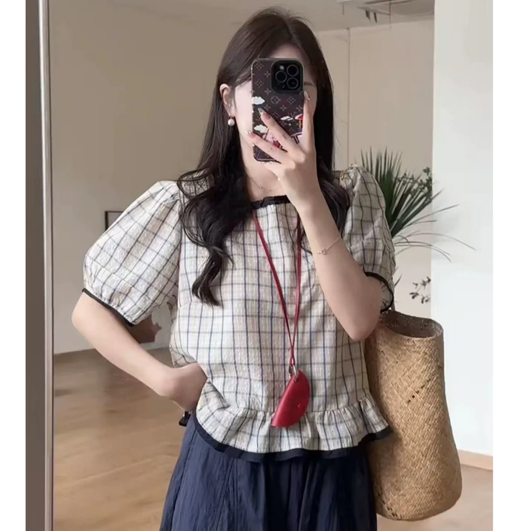 格子系列2025新款时尚格子休闲百搭套头圆领短袖女显瘦衬衫7715