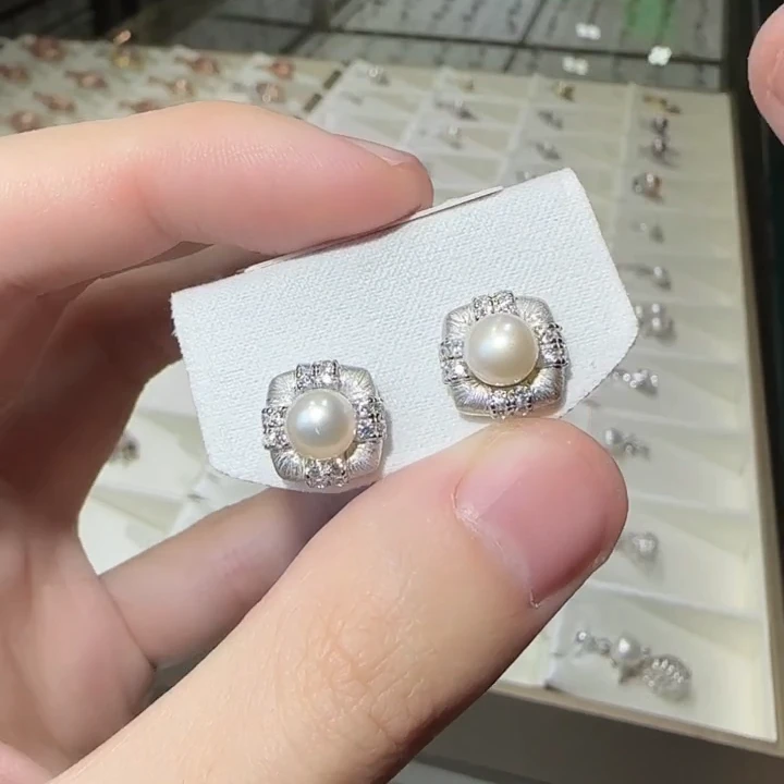 银S925镶嵌淡水珍珠耳饰6mm耳钉