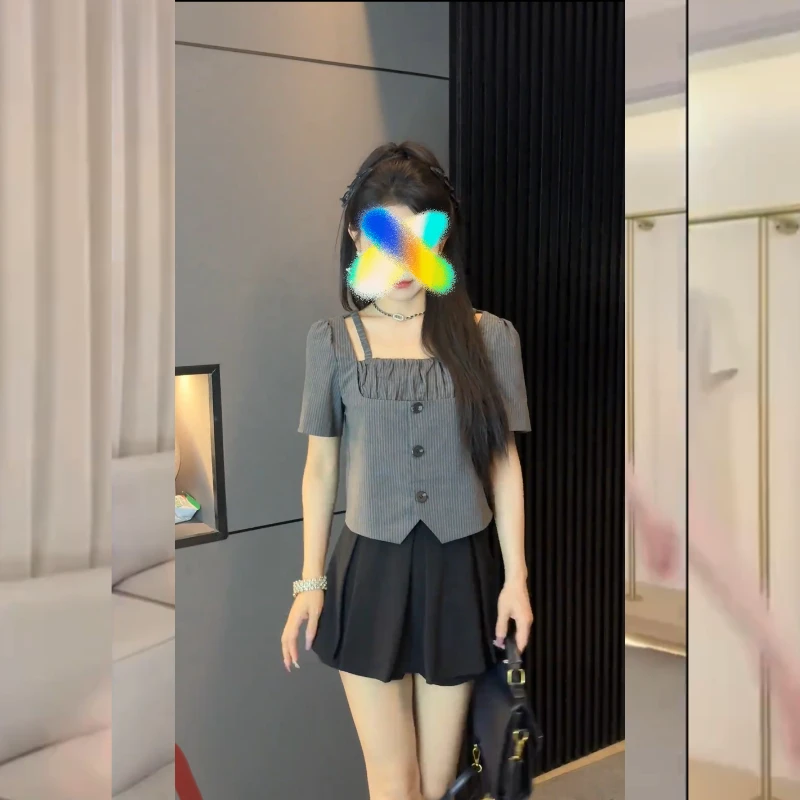 2025年夏季新款女装灰色设计感短袖T恤百搭上衣纯色衬衣气质套装