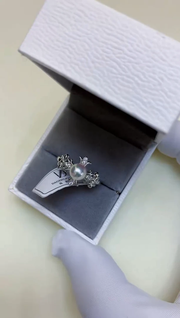 银S925镶嵌海水珍珠饰品克罗心戒指