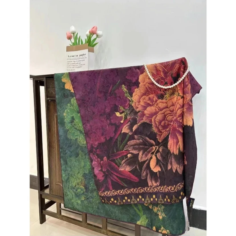 X035 紫韵牡丹 180*70 香云气质复古披肩围巾丝巾双面双色 X