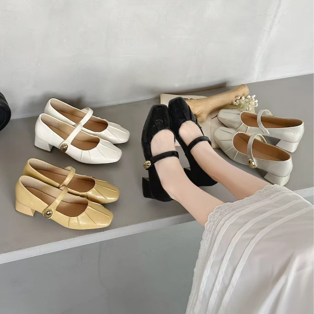 潮流伴侣2025春夏新款粗跟单鞋浅口一字扣带玛丽珍软底舒适豆豆鞋