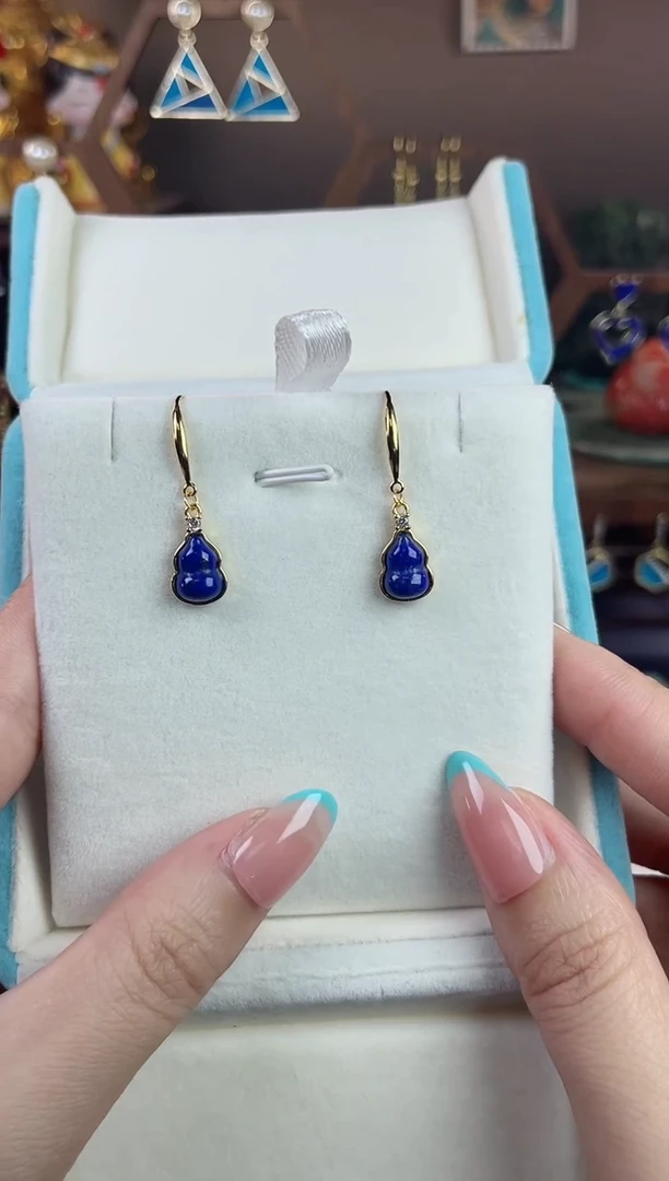 银S925镀金镶嵌青金石耳饰翻*到，822A-2青金石葫芦耳钩