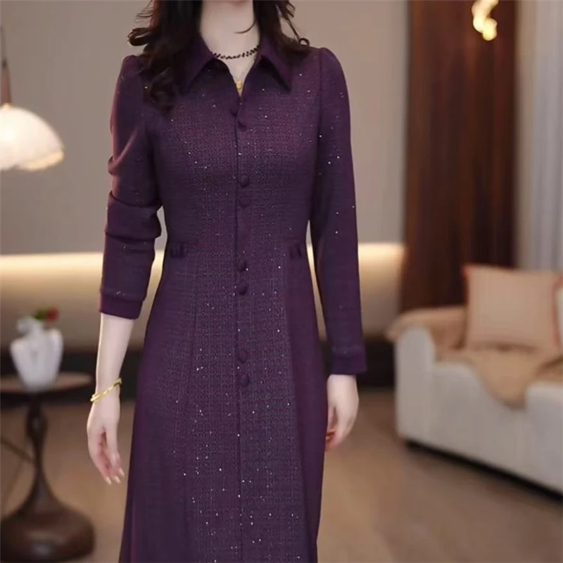 高档华夫格精纺面料连衣裙女春季2025新款气质遮肉显瘦中长款裙子