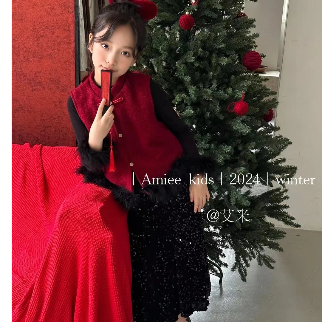 秋冬女童奢华节日闪亮片喜庆礼服裙女童装公主裙宴会表演裙中式