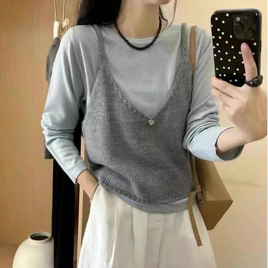 性价比!【银片两件套】圆领套头纯色打底衫配吊带两件套 XO-032