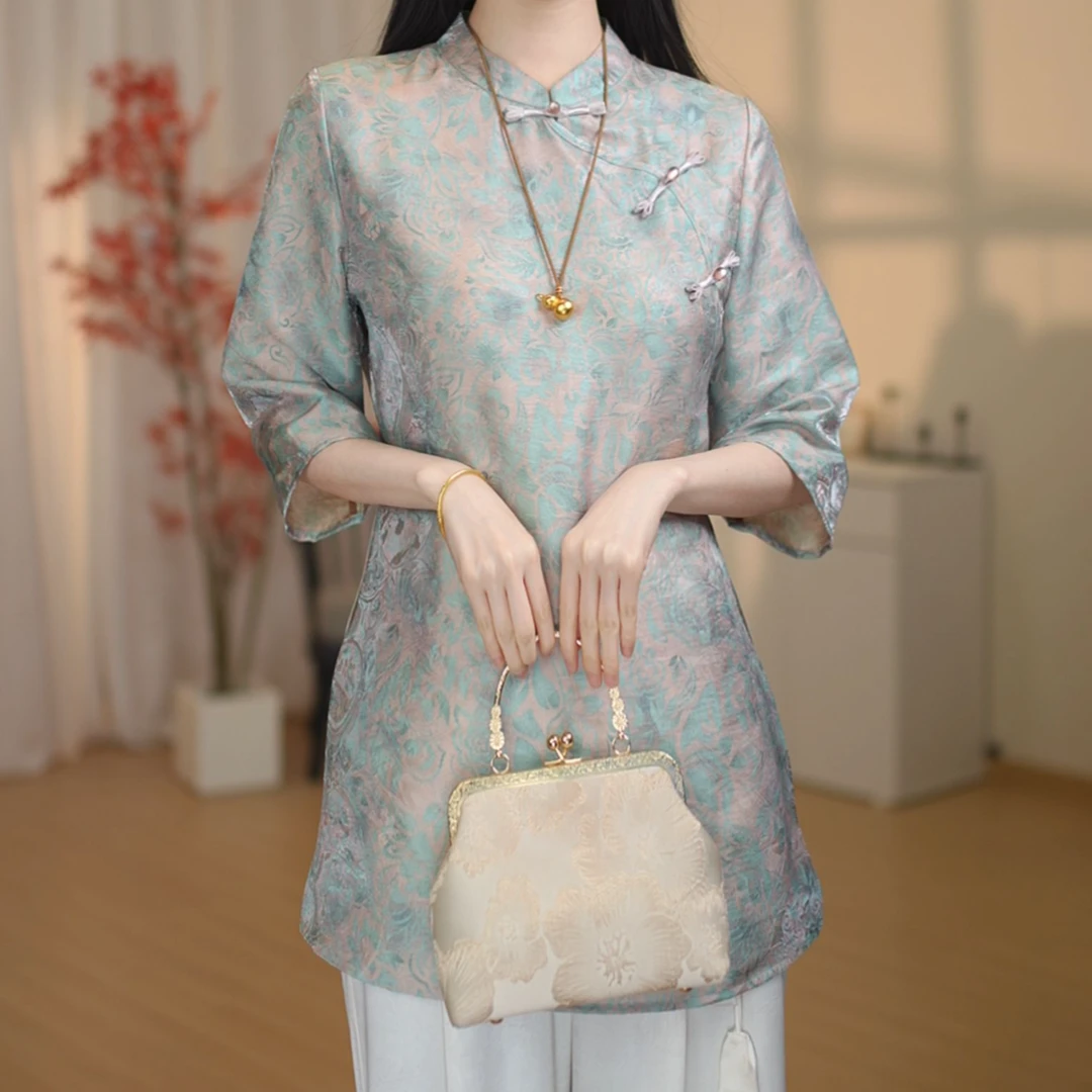 【3133-青涟】新中式国风复古宽松小衫七分袖上衣-飞