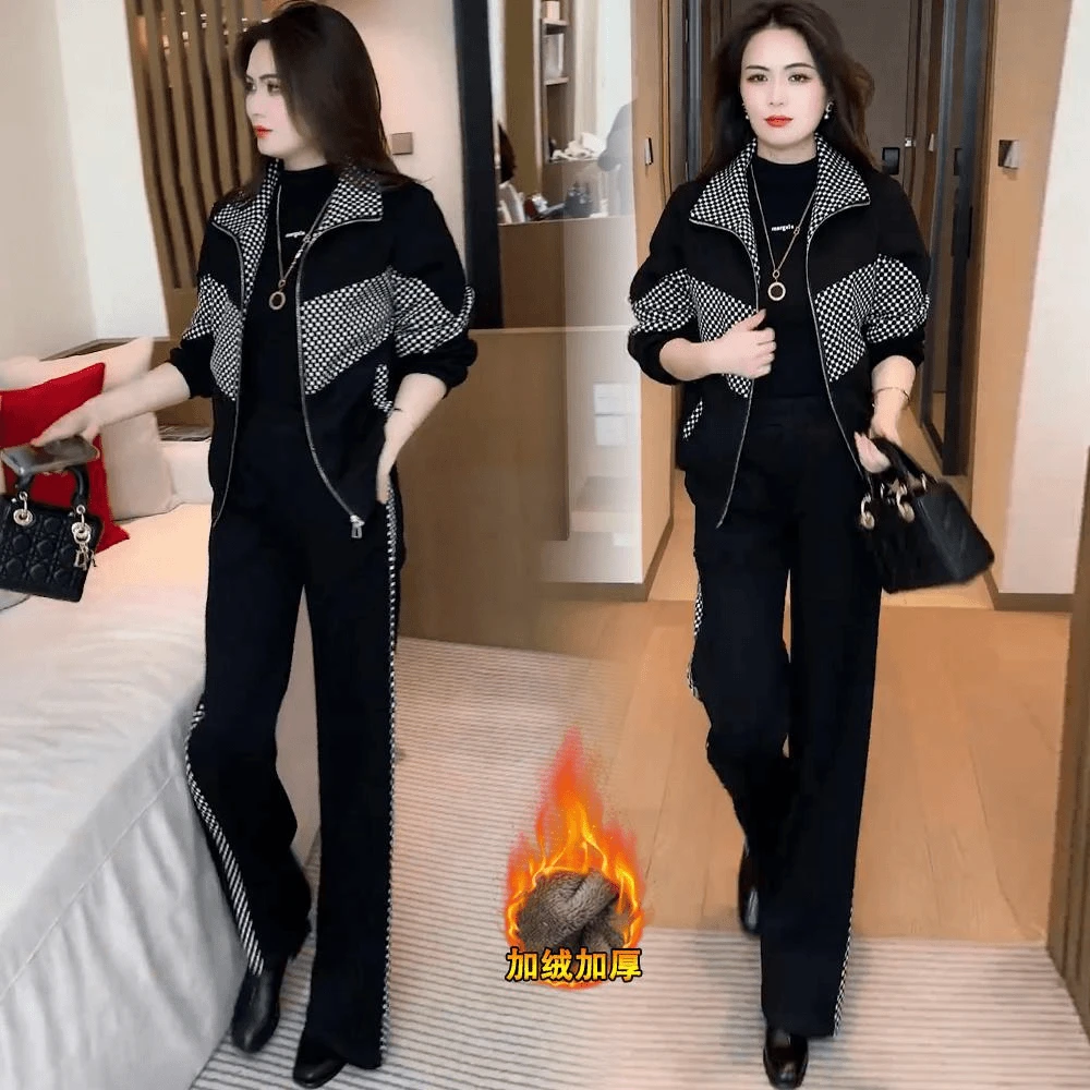 时尚高级感拼接格纹两件套女2025秋季新款洋气百搭显瘦加绒套装女