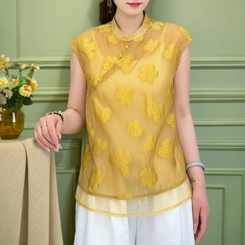 夏季韩版宽松无袖浮花花型纱网无袖马甲气质减龄简约斜襟上衣
