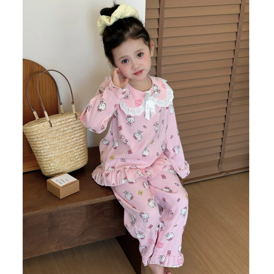 蕾丝花边公主领儿童睡衣女中大小童春秋季长袖卡通洋气家居服套装