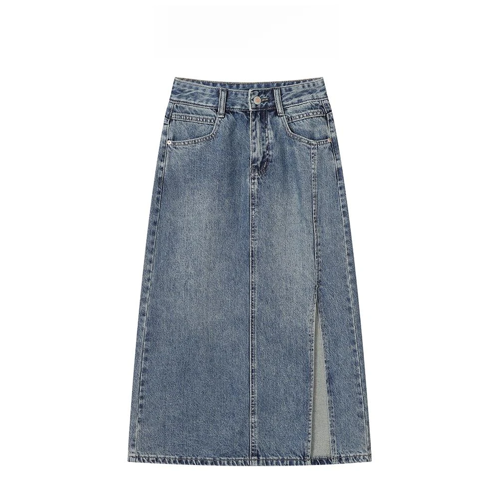 开叉复古高腰显瘦百搭牛仔洗水半身裙时尚气质女士中长款包臀裙子