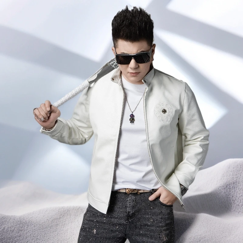 宾斯洛特时尚潮流徽章刺绣皮衣外套男士休闲上衣新款秋季皮夹克潮