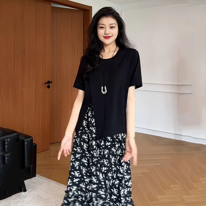 大码不规则开叉正肩纯棉短袖T恤女夏季微胖MM巨显瘦宽松遮肉上衣