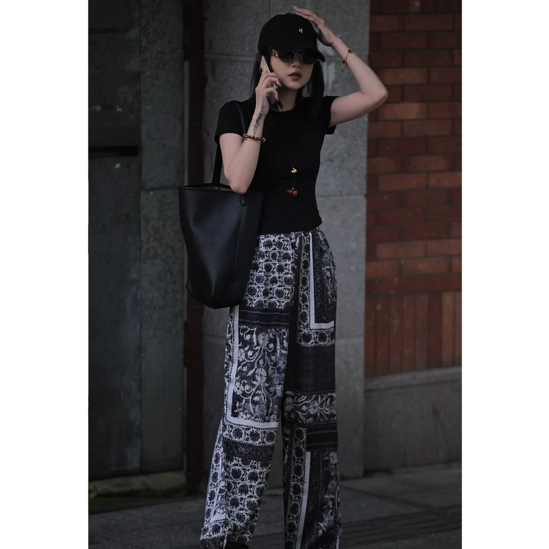 【赵大眼】25年新款百搭洋气高级气质宽松高腰复古休闲阔腿裤9788