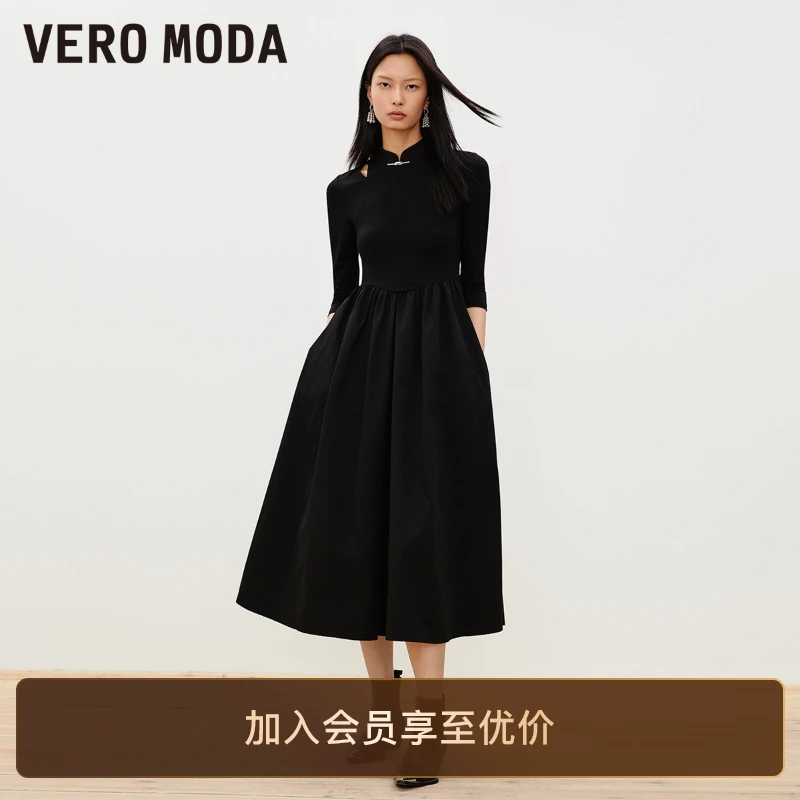 Vero Moda连衣裙老钱风优雅气质七分袖黑色时尚修身轻奢高级感
