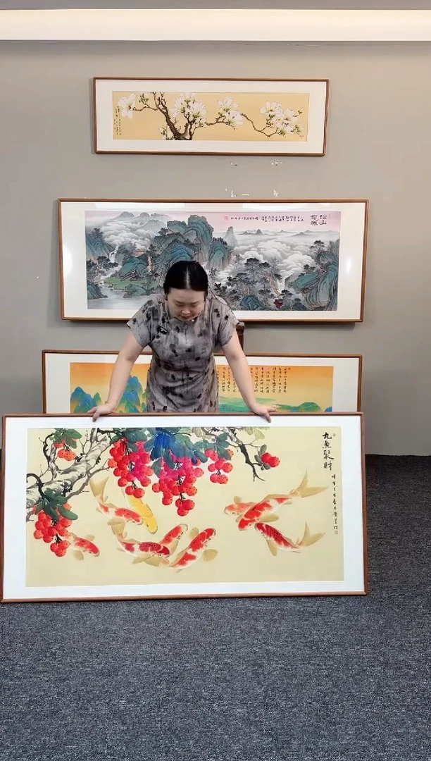 国画荔枝九鱼图155*76手绘作品