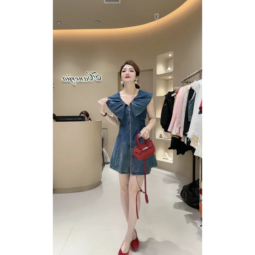 涵儿家 复古港风双拉链飞飞袖设计收腰显瘦牛仔连衣裙-915