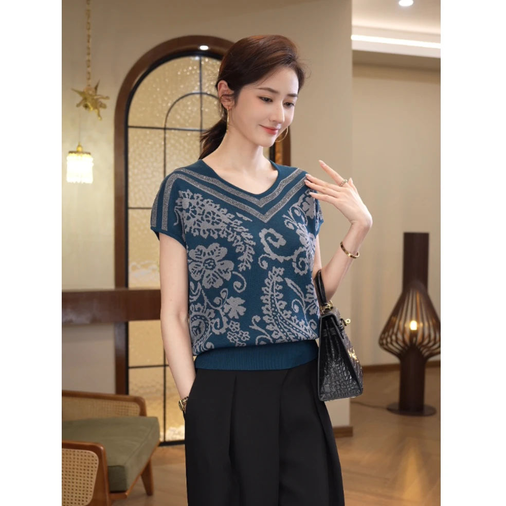 现货2025年夏季新款【TN-02】莱赛尔天丝蓝色提花拼接V领短袖上衣女