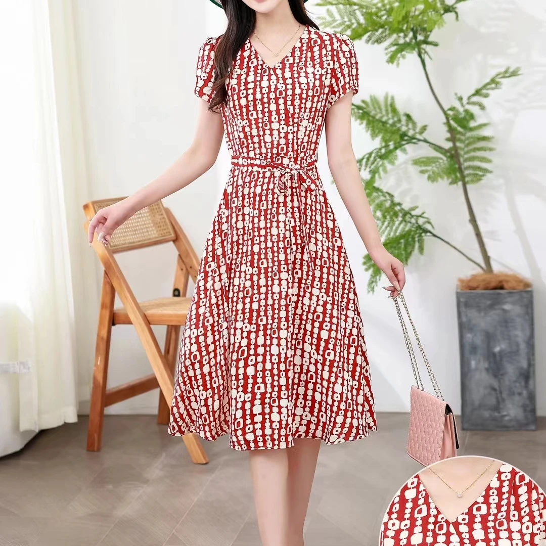 夏季时尚气质印花收腰中长款短袖连衣裙2501#