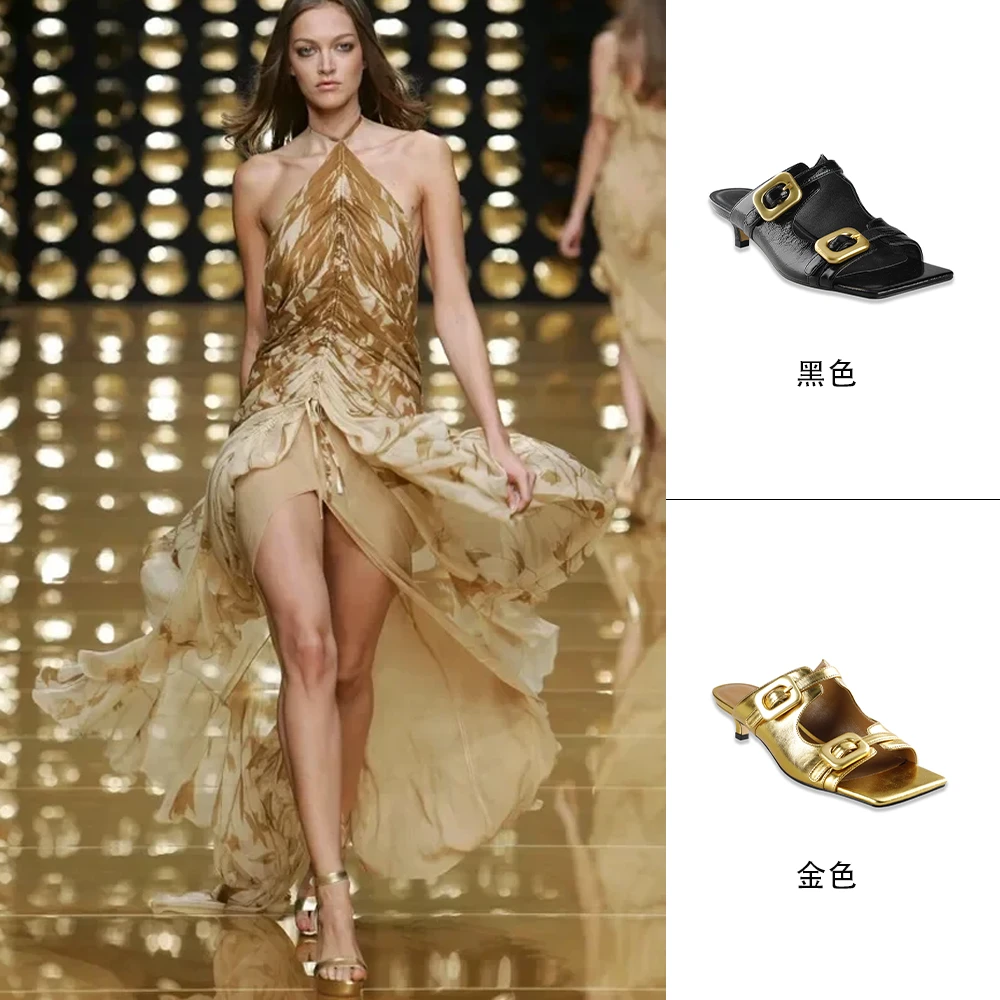 MANIKA GUAN时尚夏季外穿半拖低跟方头凉鞋复古百搭女鞋MK24K115