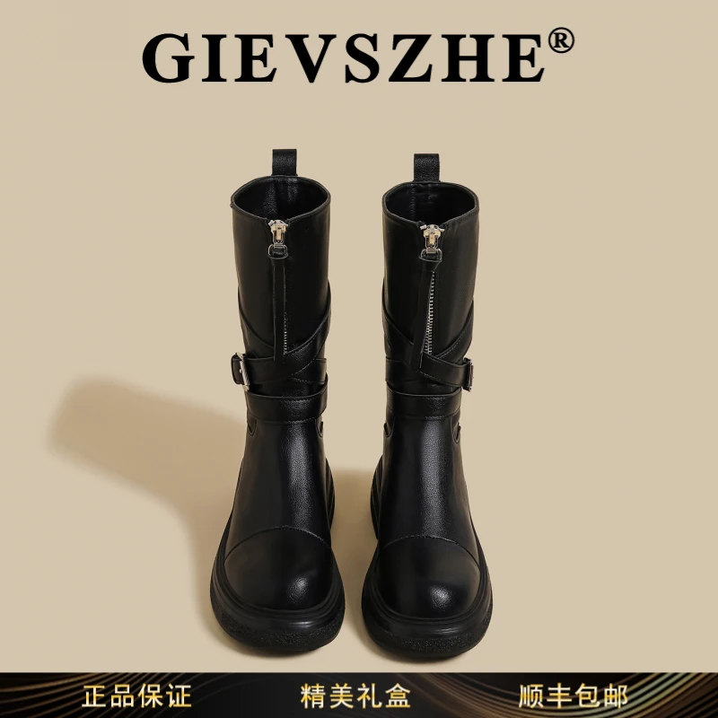 纪诗哲女鞋保暖女鞋靴子时尚中筒靴英伦风粗跟瘦瘦靴中筒马丁靴女