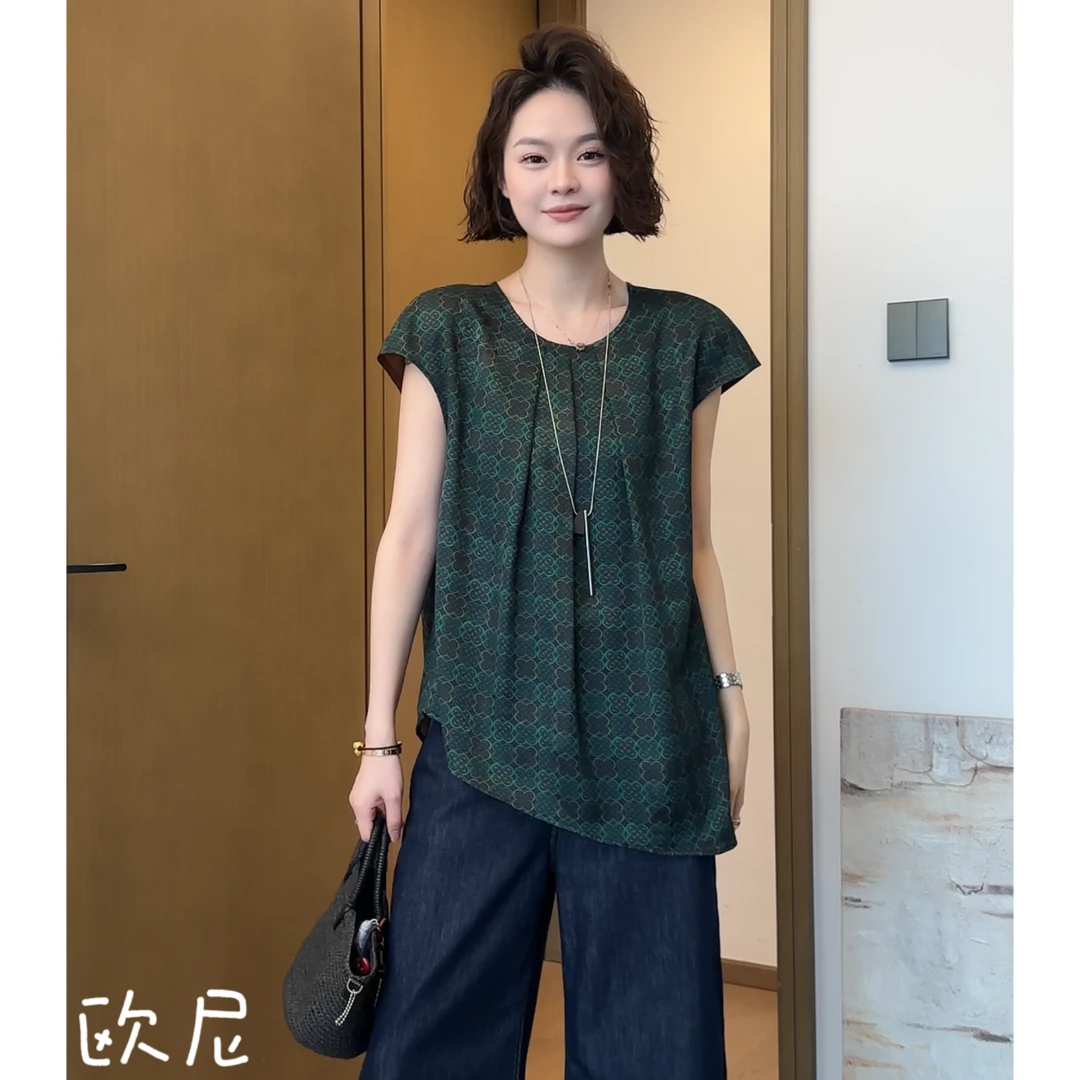 欧尼私服 2025夏新中式圆领简约百搭宽松短袖衬衫上衣2506C3275