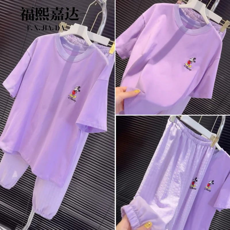 爆款睡衣女卡通棉质洋气可爱家居服可外出休闲宽松短袖长裤两件套