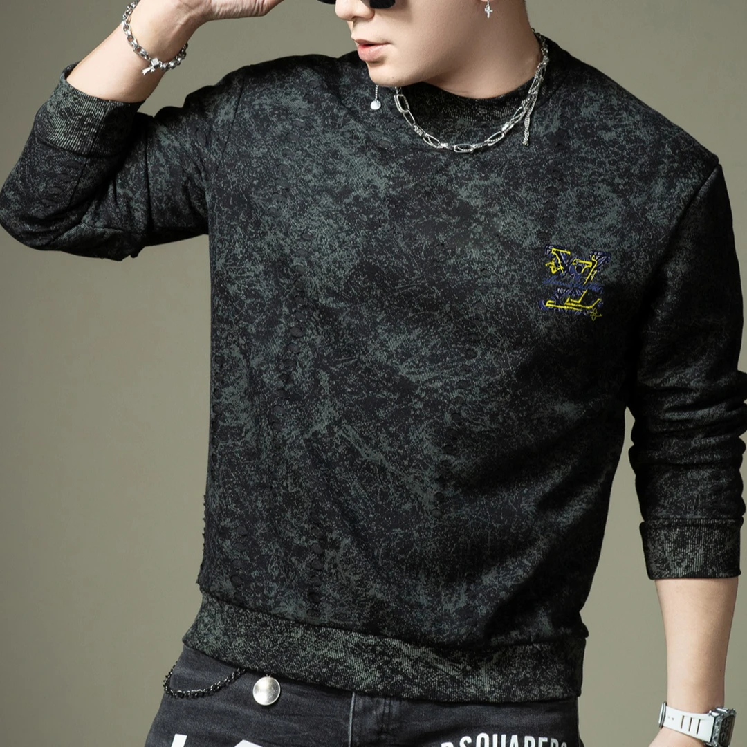 SCHMOWAHRK施摩瓦戈欧洲站男士刺绣破洞圆领卫衣秋季潮牌轻奢上衣