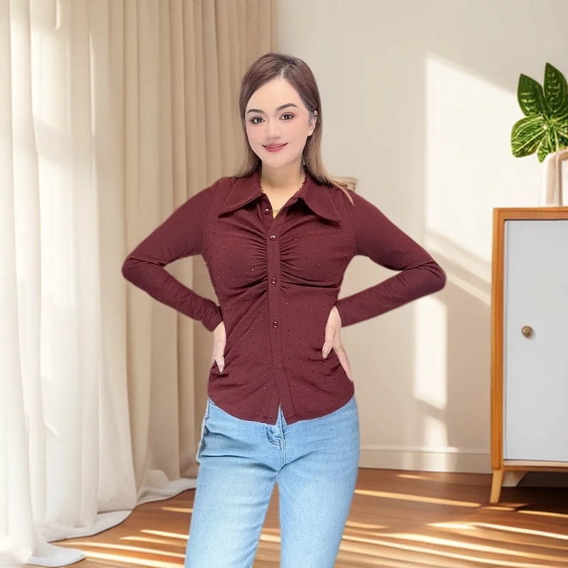 春款褶皱511显瘦烫钻长袖打底衫